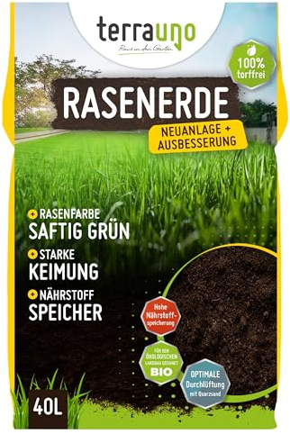 Terrauno Rasenerde mit Sand, 40 Liter, zur Rasenneuanlage/Ausbesserung von Rasenflächen, Unkrautfrei, mit Quarzsand für Luftzufuhr, Erde für Rasen, Gartenerde