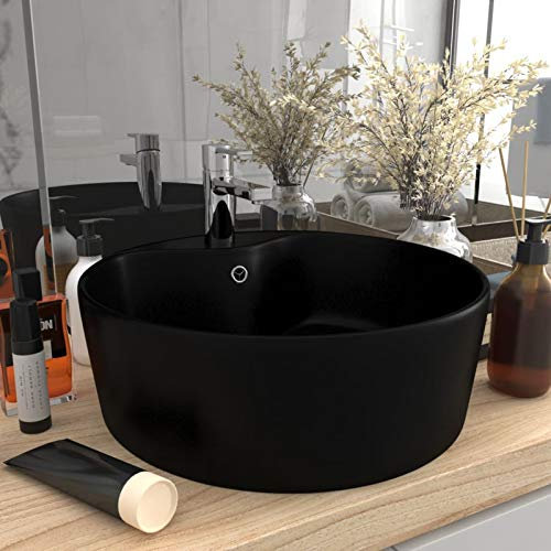 LAPOOH Luxus-Waschbecken mit Überlauf, Aufsatzwaschbecken, Bathroom Sink, Waschtisch, Ablaufgarnitur, Aufsatzbecken, Matt-Schwarz 36x13 cm Keramik