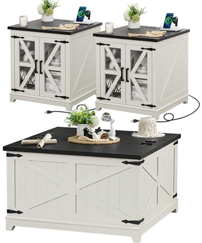 Farmhouse Coffee Table Sets 3 Pieces, Large End Side Tables with Charging Station and Coffee Table with Hidden Storage Compartment, White Living Room Table Set, Wood Furniture Sets for Home Office