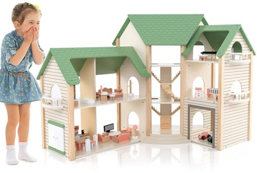 GYMAX Kids Dollhouse, 3-Storey Wooden Dolls House with 6 Simulated Rooms, Garage, Stairs, Balcony & 36pcs Furniture Accessories, Large Doll House for 3 Years Old+ Girls Boys