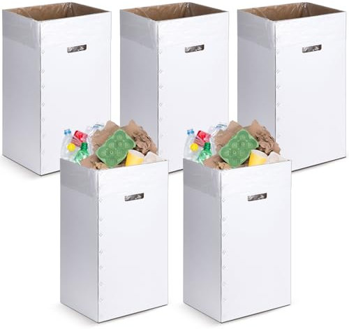 Tioncy 5 Pcs Cardboard Trash Cans Disposable and Reusable Corrugated Cardboard Trash Cans Recycling Bins Bulk with 10 Garbage Bags White Garbage Boxes for Parties Events(30 Gallon)