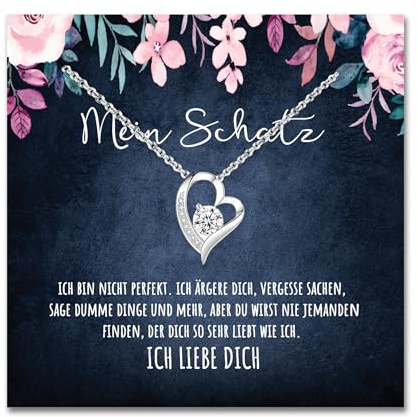 BYLITZ An meinen Schatz Halskette mit Karte Herz Kette mit Spruch für Damen Frau Partnerin Freundin Verlobte zum Jahrestag Geburtstag Weihnachten