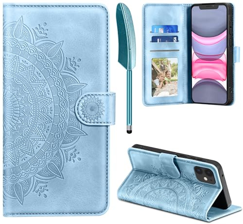 EASDNB Lederhülle für iPhone 11 Hülle, Handyhülle für iPhone 11 Flip Wallet PU Leder Case [Kartenfach] [Magnet] [Ständer] Prägung Klapphülle Schutzhülle für iPhone 11, Himmelblau