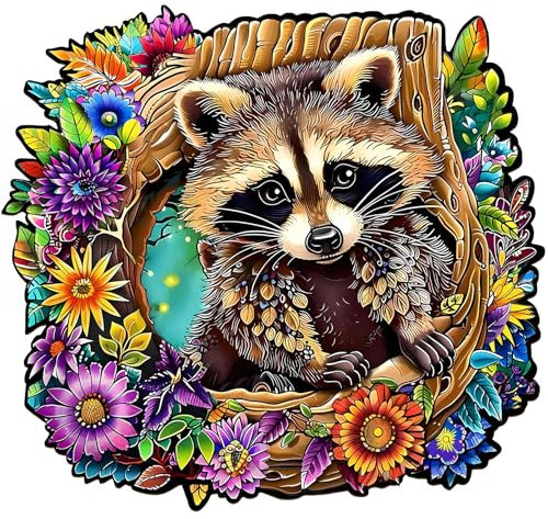 Wooden Jigsaw Puzzles, Unique Shaped Wood Puzzles for Adults with Wood Box, Raccoon M