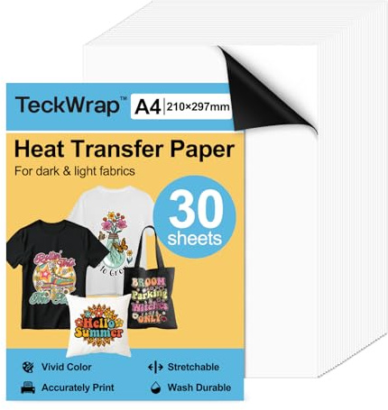 TECKWRAP Bedruckbares Wärmetransferpapier für T-Shirts, 30 Blatt, 21,1 x 29,7 cm, bedruckbares Wärmetransfer-Vinyl für Tintenstrahldrucker, Transferpapier zum Aufbügeln für helle und dunkle Stoffe