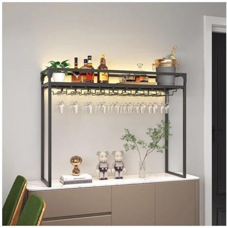 Moderno estante de metal para vino con luz LED y estante para copas de vino, estante de exhibición de botellas de licor para cocina, bar y comedor (negro, 155 x 30 x 80 cm)