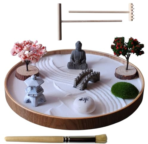 ZEN&TAO Japanese Desktop Zen Garden Kit, Handcrafted Serenity on Round Wood Trays, 2025, Various Options (Design A, 24CM Tray)