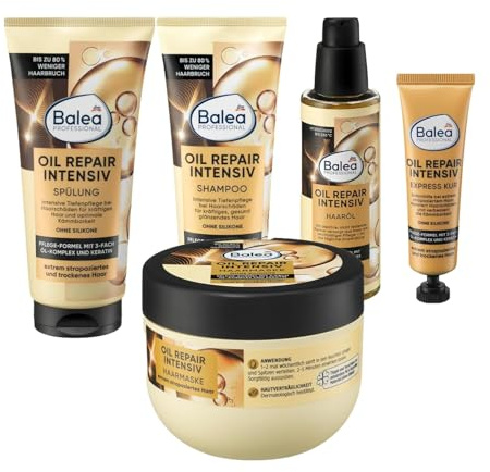 Balea 5er-Set Haarpflege: Shampoo, 250 ml+Spülung 200 ml+Haarkur 300ml+Express Kur Oil Repair Intensiv 20 ml+Haaröl 100 ml