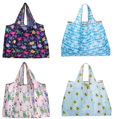 Aschar 4 Packs Large Recyclable Grocery Bags Eco-Friendly Folded Shopper Bag (Mixed 2)