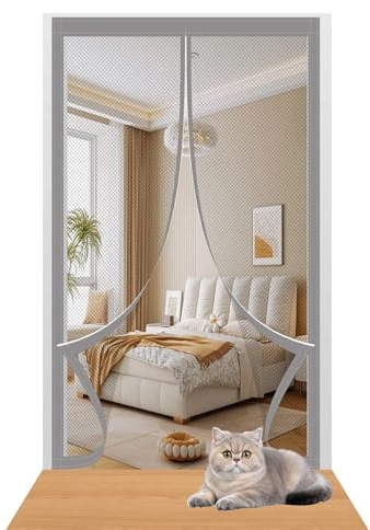 Mosquito Door Net Magnetic 136 x 206 cm Easy to Install Without Drilling Door Fly Screen Curtain with Powerful Magnets/Full Frame Magic Tape for Home Office Balcony Patio Garden, Grey