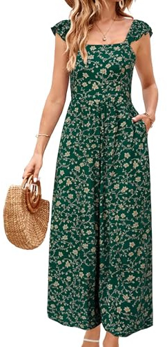 LAISHEN Jumpsuits Women Ruffle Sleevelesss Playsuits Square Neck Smocked Wide Leg Overalls with Pockets