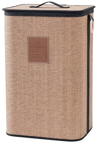 Muzilife Bambus Wäschekorb, 72L Faltbare Wäschesammler mit Deckel | Schmal Wäschebox aus Natürliche Baumwolle, Stabil Wäschetonne mit Tragegriffen, 40x30x60CM, Dunkelbraun