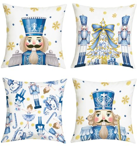 Joymaison Kissenbezüge 45x45 4er Set Blau Weihnachten Soldat Schneeflocken