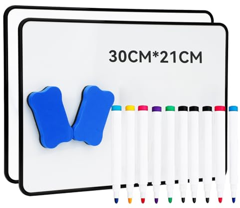 Hisredsun 2 Pack A4 Double Sided Magnetic Small Whiteboard for Classroom | With 10 Markers, With Erasers,Magnetic Surface, For School,Home,Office Use, Portable Mini Whiteboard,Dry Erase Whiteboard