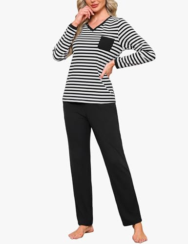Terecey Pigiama Donna Inverno in Cotone Pigiama Lungo a Righe Leggero Pigiami a Maniche Lunghe e Pantaloni con Tasche Pigiami Due 2 Pezzi Morbido e Confortevole