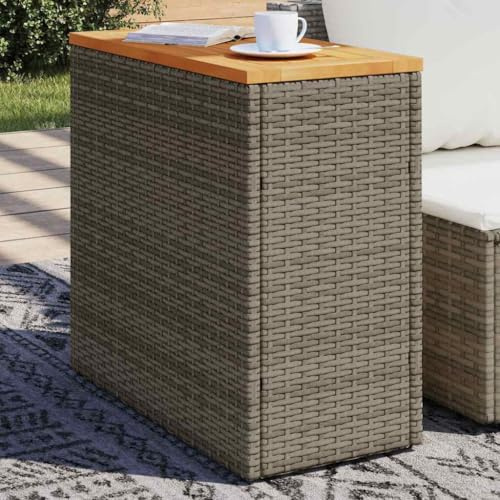 Garten-Beistelltisch mit Holzplatte, grau, 58 x 27,5 x 55 cm, Poly-Rattan, Outdoor-Tische