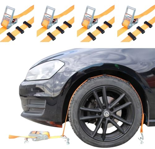 4 Stück Autotransport Spanngurt Radsicherung mit Distanzhalter 50 mm Zurrgurt 1-teilig Reifengurt PKW