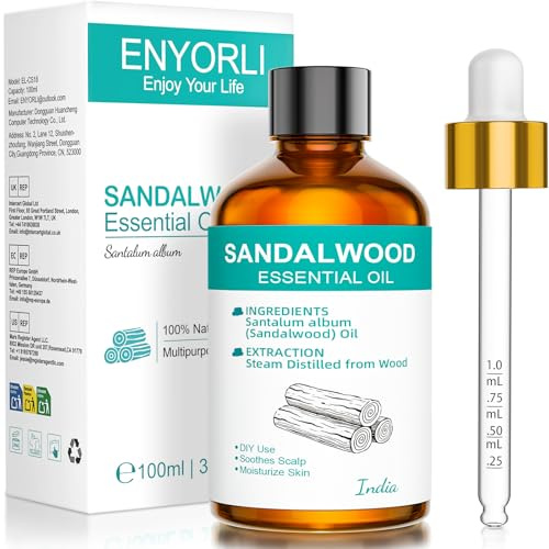ENYORLI Sandelträ Eterisk Olja 100 ml, Varm Träig Doft för Diffuser, Sovrum, Meditation, Utspädd Massage, Bad, Doftljus, Tvål DIY och Hem