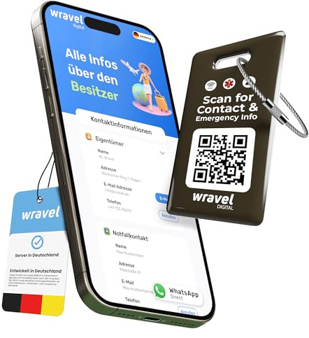 Digitaler Kofferanhänger mit NFC & QR-Code | Sicherer Gepäckanhänger mit digitalem Adressprofi | Privatsphäre Schutz, Finderlohn & Reiseinfos | für Reisen & Backpacking (Schwarzbraun)