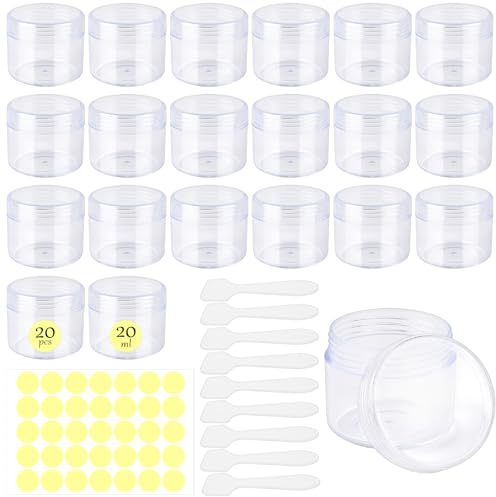 Akamino Lot de 20 petits récipients en plastique avec couvercles et spatules - 20 g/20 ml - Pots de rangement ronds transparents pour échantillons d'articles de toilette, pots cosmétiques vides en