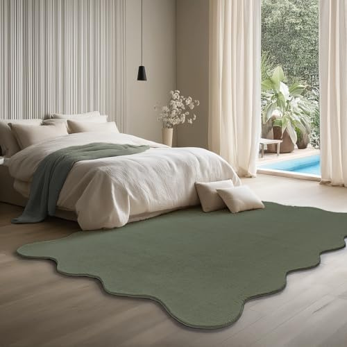 the carpet Lina Shape Scallop Teppich, Kunstfell, Flauschiger Teppich, Anti-Rutsch Unterseite, Waschbar, Super Soft, Grün, 160 x 220 cm