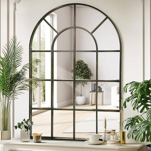 LunaMirror 60x90 cm Arched Window Mirror Bronze Aluminum Frame Windowpane Wall Mirror for Indoor Living Room Hallway Entrance Outdoor Garden Decor