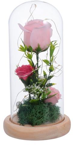 Healeved Lampe D’Ambiance LED Rose Saint-Valentin avec 4 Fleurs Roses sous Cloche en Verre Décoration Romantique pour Soirée Lumière de Nuit Fleurie sans Pile Présent Maison Élégante
