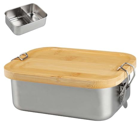 burkfeeg Bento Fiambrera para adultos/niños, de acero inoxidable, fiambrera y fiambrera de metal con tapa de madera, caja de acero inoxidable, para guardería, escuela y excursiones (modelo B, 1200 ml)
