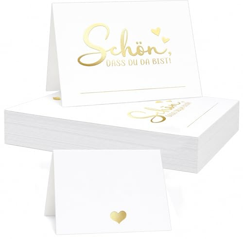 60 Stück Tischkarten Schön Dass Du Da Bist | 85x55mm Faltbar | Mit Goldfolienprägung | Platzkarten für Hochzeit, Geburtstag, Taufe, Konfirmation & Geschäft | Beschreibbar & Stabil Tischdekoration