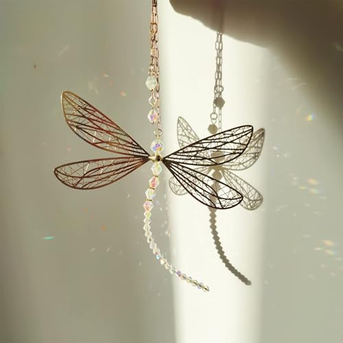 LEMONSTONE Sonnenfänger Kristal, Libelle Fensterdeko mit Metallflügeln 24CM | Facettierte Aufhängen, Funkelnde Lichtreflexe, Lichtfänger für Gartendeko, Balkon, Wohnzimmer, Geburtstag und Einweihung