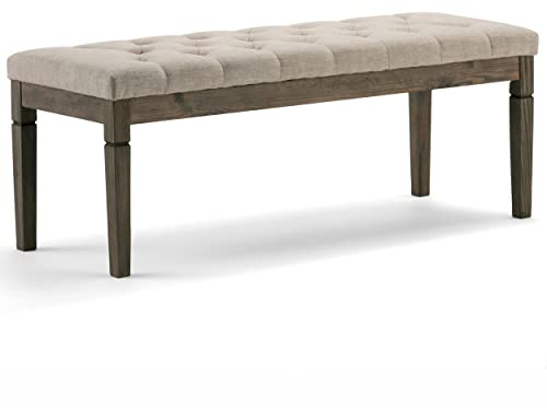 SIMPLIHOME Waverly Tufted Ottoman Bench - 48 inch Wide Upholstered Linen Look Fabric Rectangle Footstool Ottoman in Natural, Traditional Bench for Bedroom, Entryway or Living Room with Carved Legs