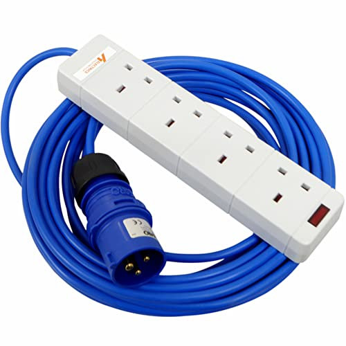 16 amp plug to 4 gang socket mains hook up extension lead with 1.5mm arctic blue flex, 10 Metre