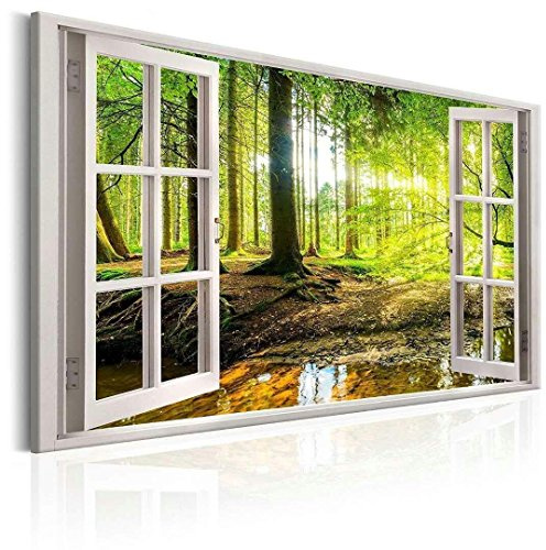 Visario Leinwandbild 120x80 cm 5001 Fenster Blick Wald Natur Panorama - Wandbild fertig auf echtem Holzrahmen gespannt - Kunstdruck Bäume Grün Landschaft modern - Dekoration Wohnzimmer Schlafzimmer