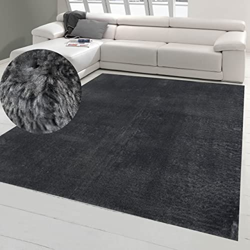 Teppich-Traum Moderner Teppich Waschbar Einfarbig Anthrazit 140x200 cm | Flauschig-weich, bis 30 °C waschbar, pflegeleicht, rutschfest, robust, langlebig, saugrobotergeeignet, Wohn- & Schlafzimmer