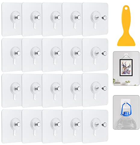 20 Stück Bilderhaken Selbstklebend, Transparent Klebehaken Bilderhaken Ohne Bohre, Bildaufhänger Selbstklebend für Bilder Poster Fotos Gemälde mit Kleiner Schaber, Maximale Belastung 5 kg