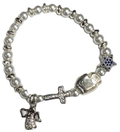 Gravuren Feller Geburtsarmband mit Perlen und Taufsymbolen silber, Taufarmband, Patenkind Armband, Baby Bracelet mit Stern Blau,