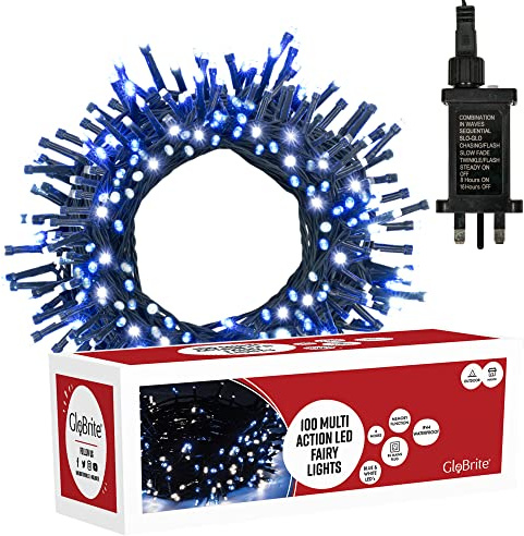 GloBrite 100 LED Fairy Lights - Versatile Christmas Lights with 8 Modes, Outdoor Fairy Lights, Christmas Tree Lights and Christmas Decorations - Waterproof Christmas Lights Outdoor - Blue/White
