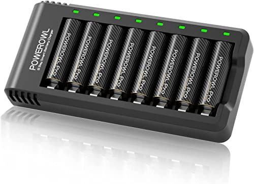 Batterie Ricaricabili AA Pro, Powerowl 8 Pezzi 2800 mAh Batterie 1,2V Goldtop Ni-MH 1200 cicli Alta Capacità con Caricabatterie 8 Slot (Ricarica Rapida USB, Slot Indipendente)