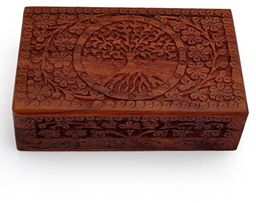 Great Birthday Gifts Handmade Decorative Wooden Jewelry Box Tree Of Life Carving Jewelry Organizer Keepsake Box Treasure Chest Trinket Holder Watch Box Storage Lock Box Housewarming Gift