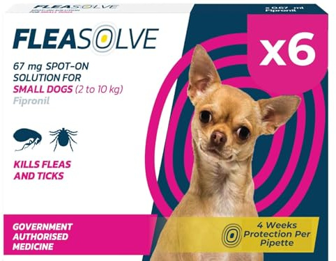 Dog Flea Treatment Small Dog x 6 - Spot on Flea Treatment for Dogs Small 2-10kg - FleaSolve Flea & Tick Solution - 6 x Pipettes - 6 x Doses