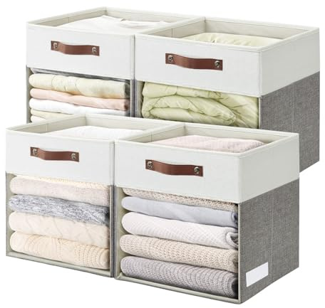 Bagnizer Storage Cubes, 4 Pack Linen Foldable Storage Bins (13 x 13 inch) with Clear Window and 2 Handles, Closet Organizers and Storage for Shelf Closet, Clothes, Books - (Gray and White)