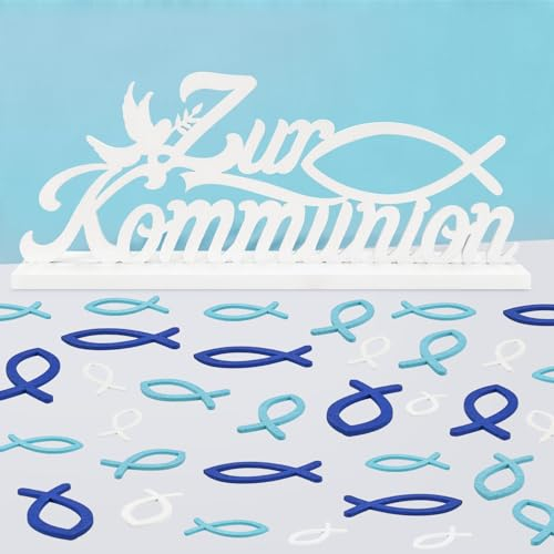 Tischdeko Konfirmation Holz Weiß, Konfirmation Tischdeko 1 Stk Zur Kommunion Schriftzug 45 Stk Streudeko Fische Holz Dekoration für Taufe Konfirmation Junge Mädchen