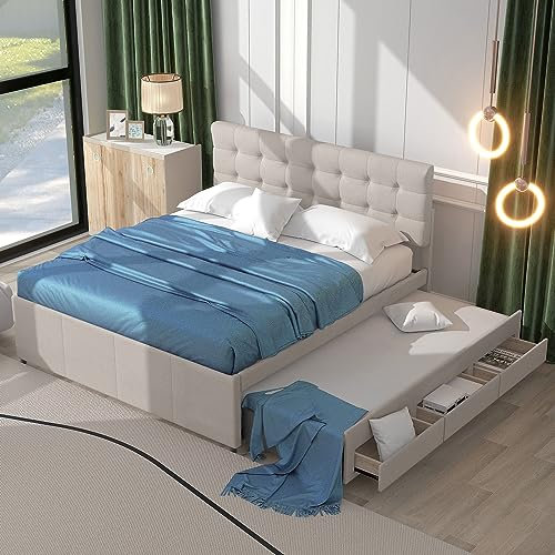 LERFAN 140 x 200cm Polsterbett Platzsparendes Funktionsbett Familienbett mit Verstellbarem Kopfteil, DREI Schubladen und Einem 90 x 190cm Ausziehbaren Bett, 200L x 140B x 117,5Hcm Beige