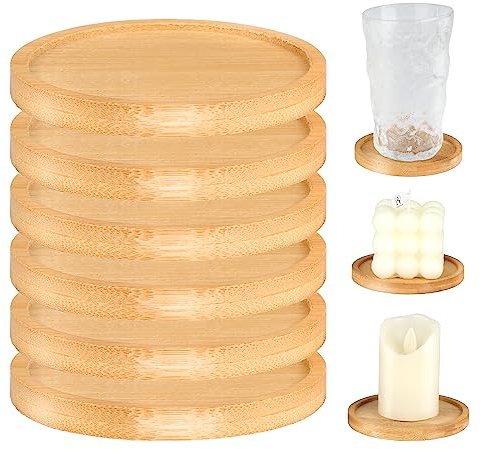 Round Candle Coasters, 6 PCS Wooden Candle Holder(Oiled), Round Bamboo Candle Tray for 9cm Diameter Candles, Candle Plate for Baptism Candles for Wedding, Home, Festive Decoration