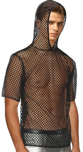 SEAUR Hombres a la Medida de Rejilla Tank Top Hombres de Rejilla Suelta de Malla con Capucha Muscular Transpirable Sexy Camisetas para Hombres Negro Tamaño L