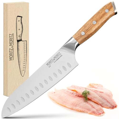 Moritz & Moritz Santoku Messer 18 cm - Profi Kochmesser im japanischem Stil mit extra scharfer Klinge - Küchenmesser für Fleisch, Sushi etc. - Ergonomischer Akazienholz-Griff - Deutscher Messerstahl