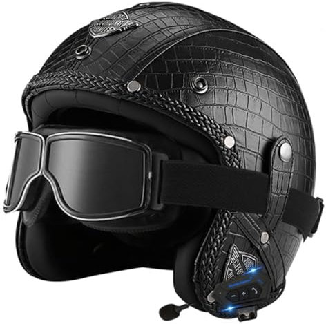 Leather Vintage Style Motorcycle Open Face Helmet With Bluetooth DOT/ECE Approved Half Face Motorbike Crash Helmet For Adults Men Women With Goggles Skull Cap Jet Style Helmet 7,L:59-60CM