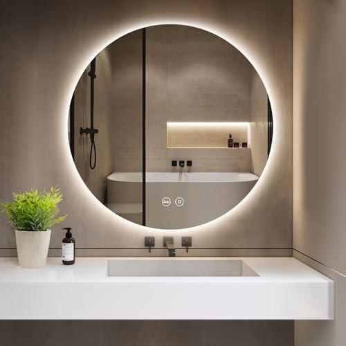 GIMBELEN Badspiegel mit Beleuchtung, LED Runder Spiegel mit Beleuchtung, 3 Lichtfarben, Dimmbar, Touch-Schalter, Speicherfunktion, Energiesparend, Rund IP44 Wasserdicht Badezimmerspiegel 60 cm