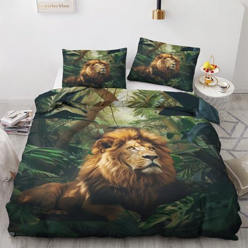 Generisch Löwe Deko - Löwe Bettwäsche 135x200 Winter, Tropische Dschungel Tiere Bettbezug 135 x 200 2er Set mit 1 Kissenbezug 80x80, Weiche Mikrofaser Winterbettwäsche mit Reißverschluss O*&38