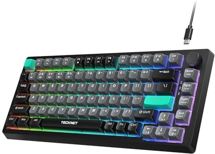 TECKNET Gaming Keyboard, 75% Wired Keyboard, RGB Backlit, 82-Keys with Volume Knob Control, 26 Keys Anti-ghosting, Whisper Quiet Gaming Switch Travel Friendly for Windows Laptop PC Mac-Grey